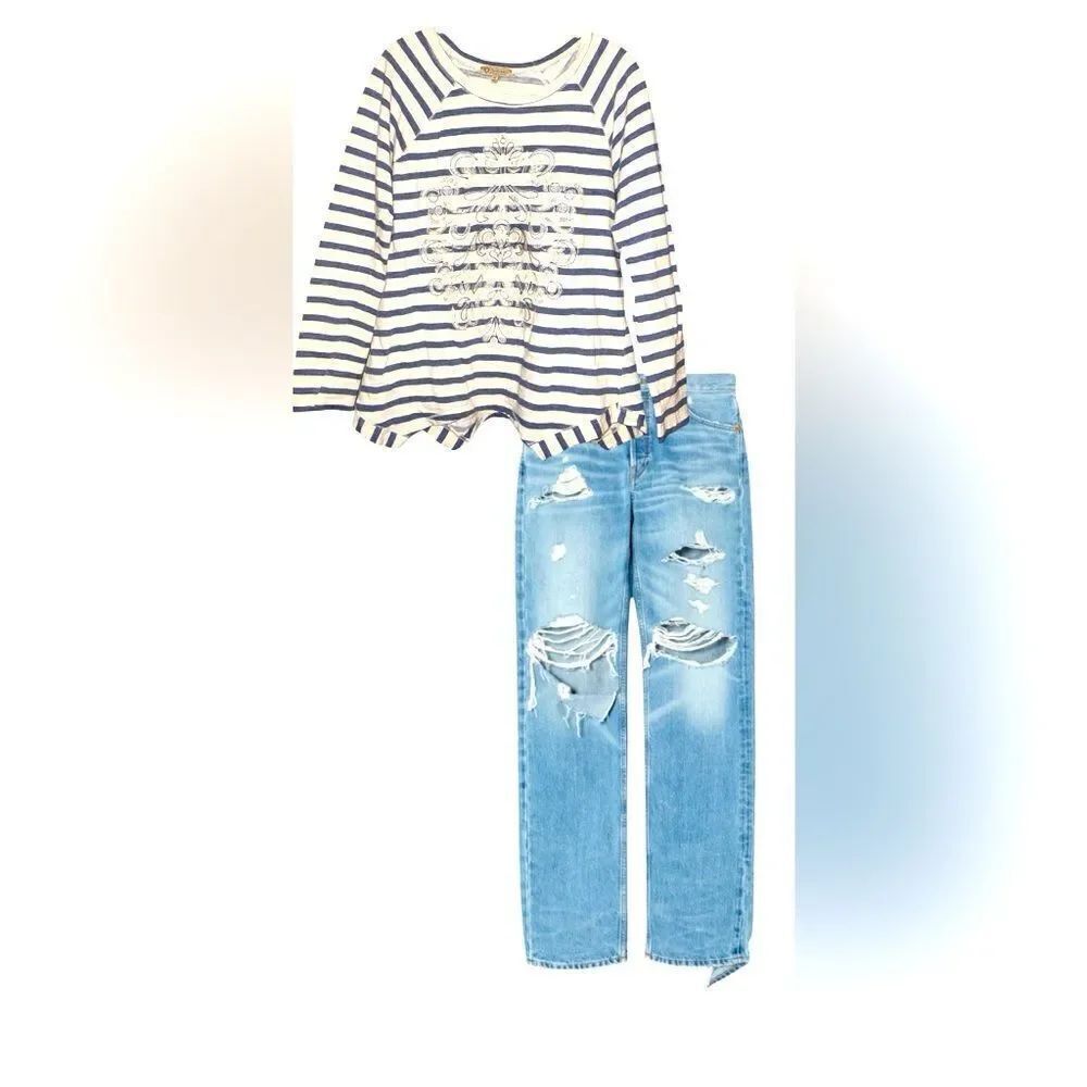 Democracy Long Sleeve Women Fall White Blue Stripes Floral Embroidered Shirt M